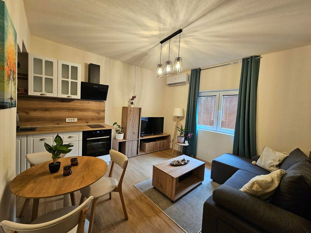An inviting living space features a modern kitchen area with wood accents and sleek appliances. A round dining table accompanies a comfortable sofa, while a TV is placed on a wooden stand. Natural light enters through two windows, accented by soft drapes.