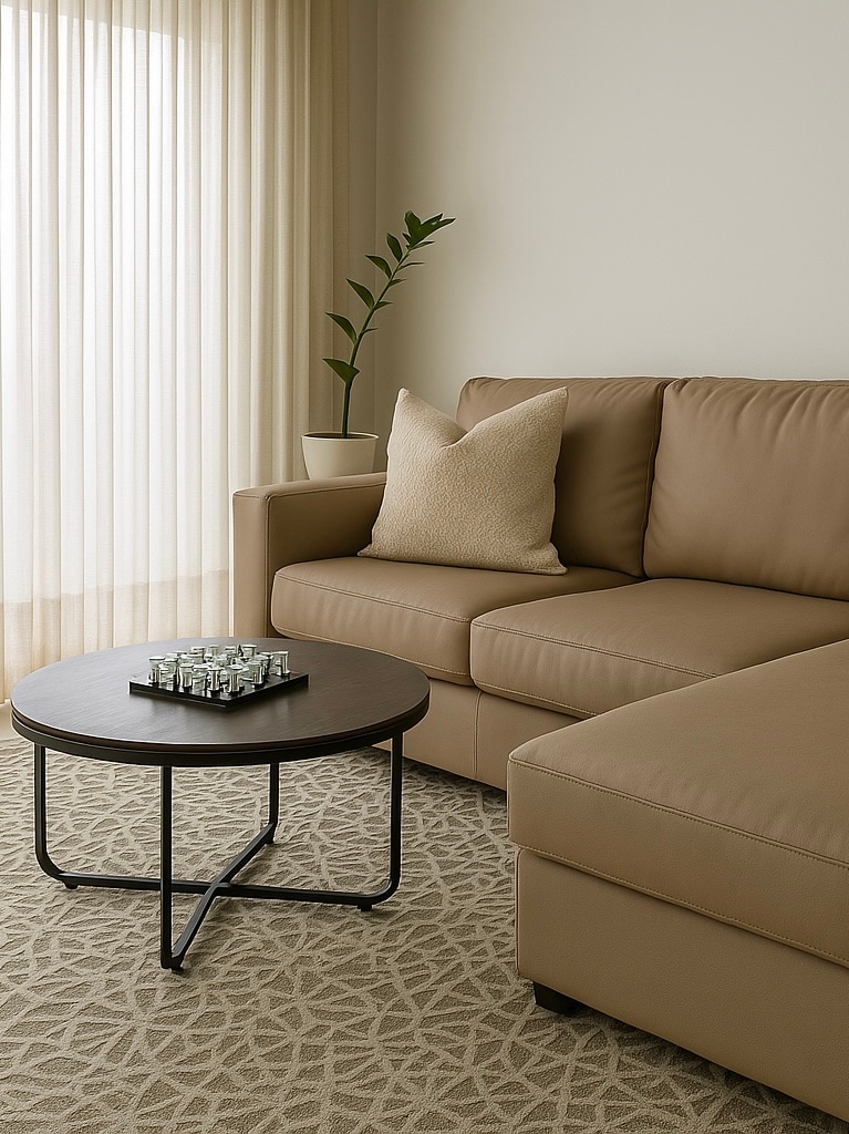 A comfortable light brown sectional sofa is complemented by a textured neutral throw pillow. A circular dark coffee table features a decorative arrangement of small glass items. Sheer curtains gently filter natural light, while a potted plant adds a touch of greenery.