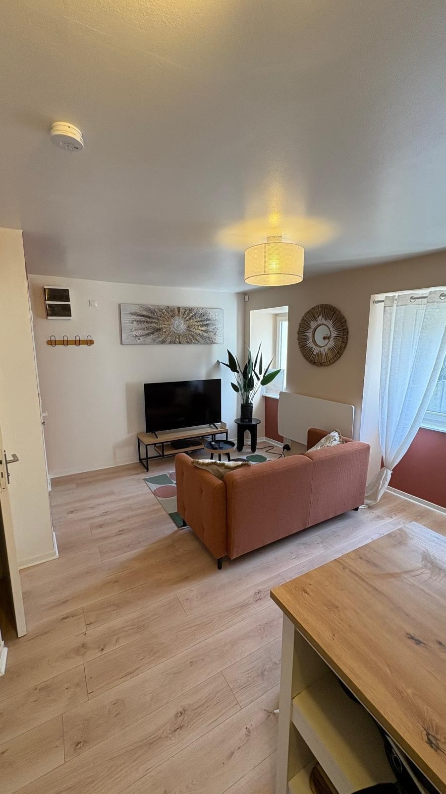 A cozy living area is presented with a comfortable orange sofa and a television placed on a simple stand. Natural light filters through a curtain-draped window, while a decorative plant adds a touch of greenery. A light fixture provides soft illumination above.