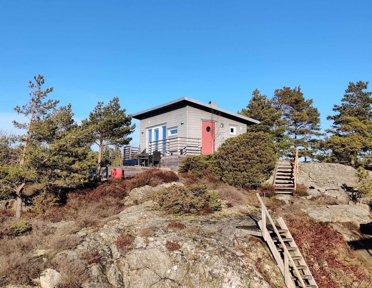 A modern cabin is positioned amongst natural greenery and rock formations. The exterior features a combination of wood and large windows, allowing for abundant natural light. A wooden staircase leads up to the entrance, with a small deck offering outdoor seating.