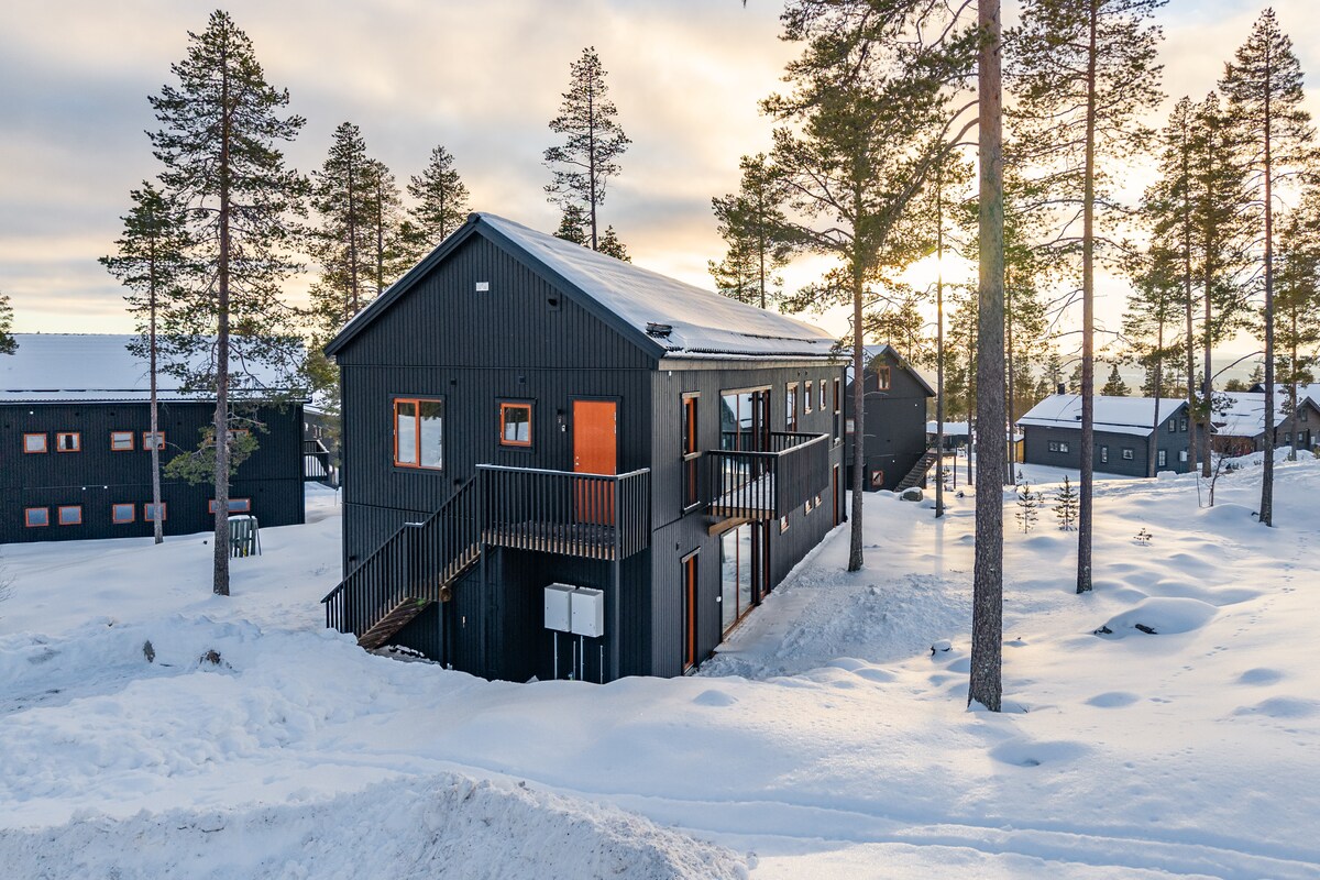 A modern black wooden building is set against a snowy landscape, surrounded by tall pine trees. Windows reflect the soft evening light, creating a welcoming appearance. The entrance features a staircase, leading to a porch area. The snow-covered ground adds to the serene ambiance.