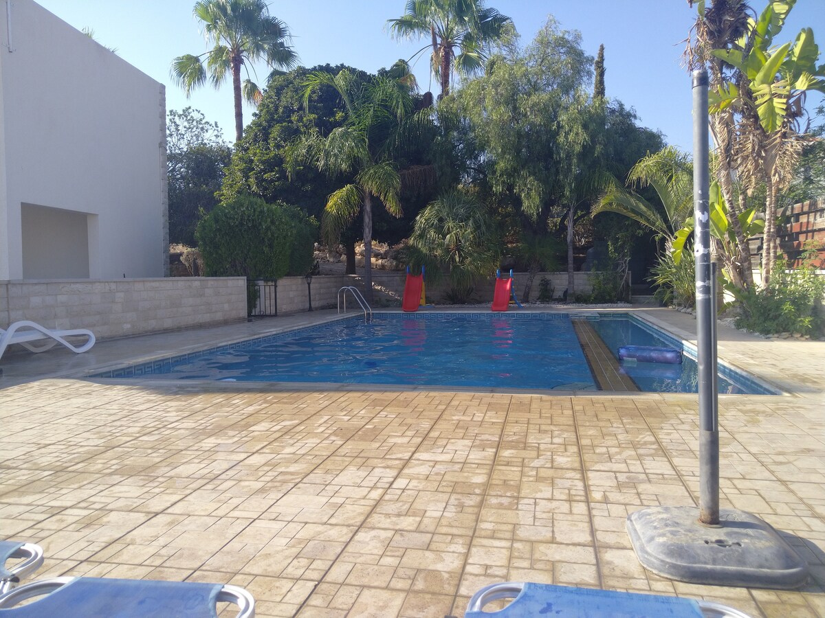 A clear view of a swimming pool surrounded by landscaped greenery, featuring palm trees and sun loungers. The pool's edge has steps leading into the water, while two red chairs are positioned nearby, inviting relaxation under the sun.