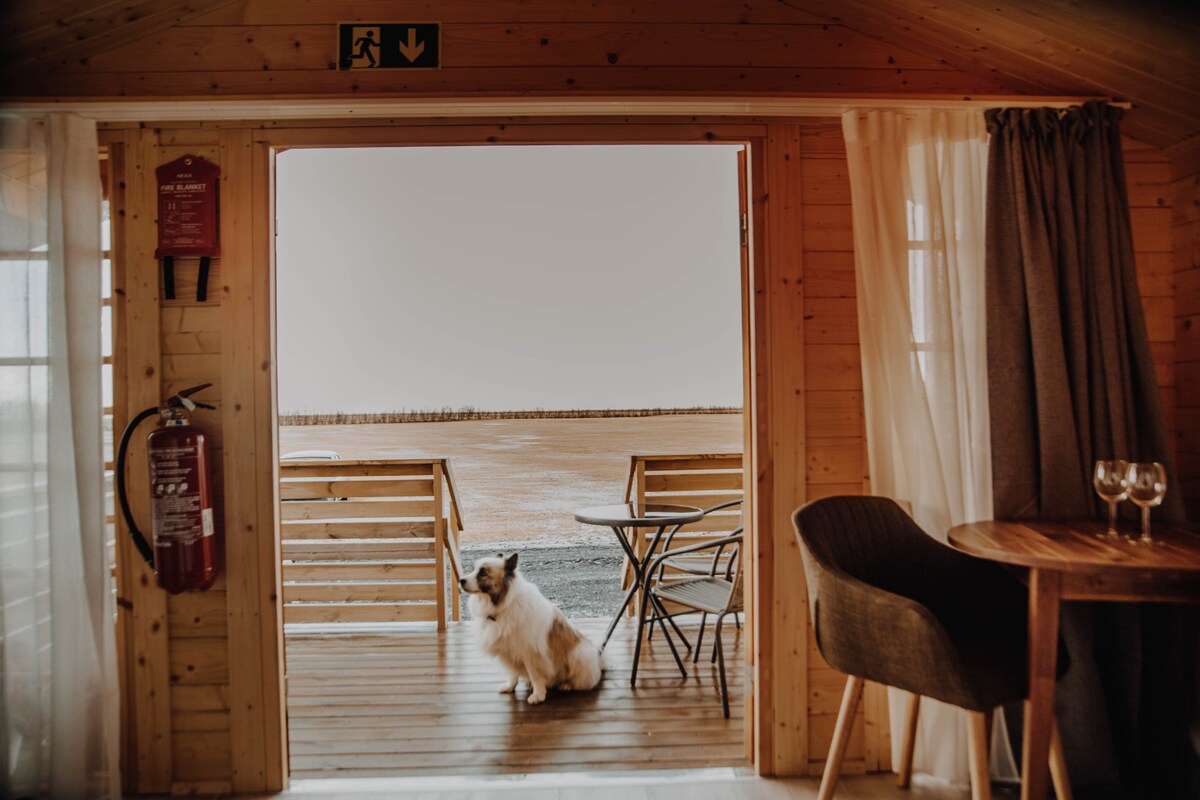 An open doorway reveals a wooden deck area featuring a small table and two chairs. A friendly dog sits at the threshold, with an expansive view of the serene countryside beyond. The interior includes cozy furnishings with natural wood accents.