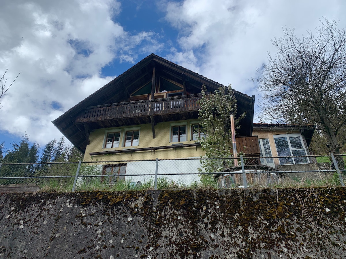 A traditional chalet-style house is positioned on a hillside, showcasing a sloped roof with wooden beams and a covered balcony. Windows line the façade, offering views of the surrounding greenery. A stone wall and fencing define the property, with cloudy skies visible above.