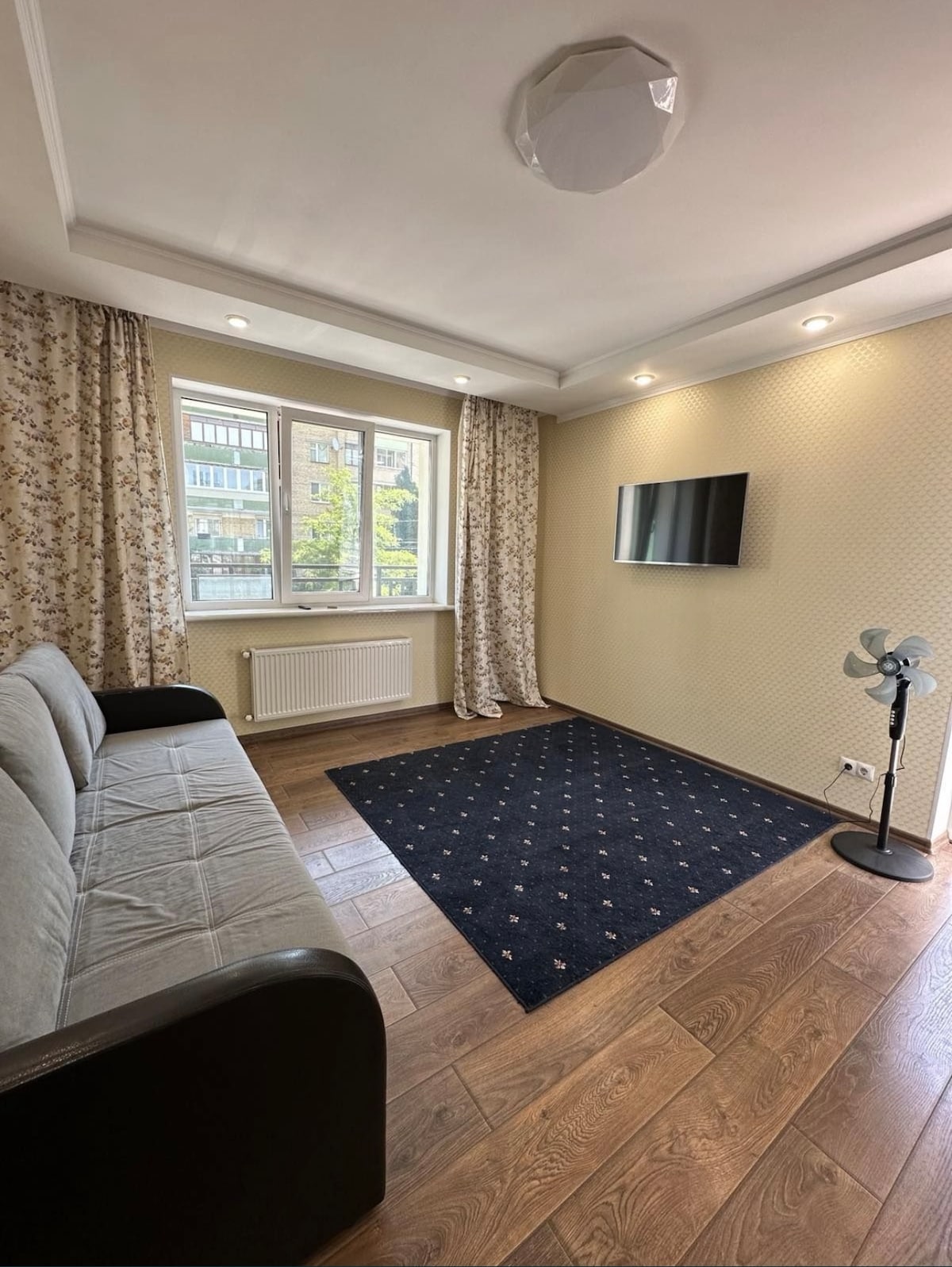 A bright living area features a gray sofa positioned against a wall, complemented by a dark rug with a pattern. Large windows allow natural light to fill the space, with light-colored curtains framing the view. A flat-screen television is mounted on the wall.