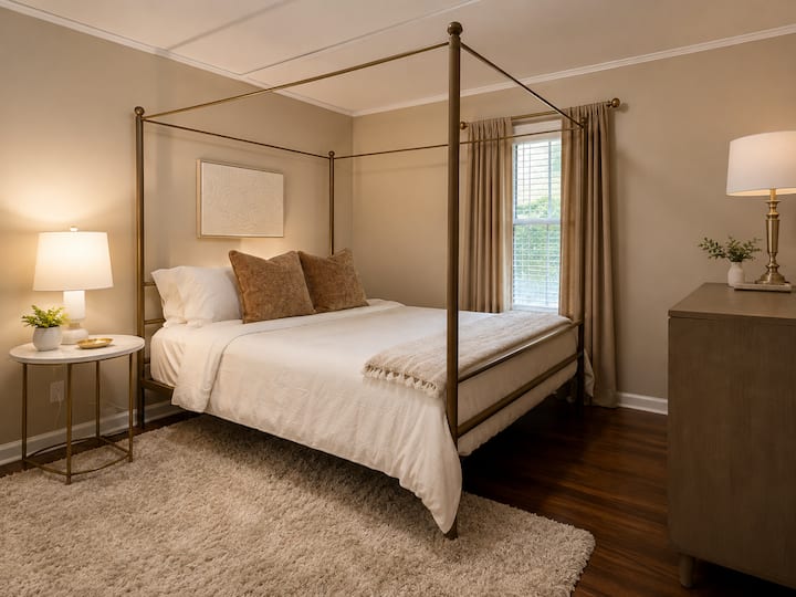 Relax in this spacious queen bedroom featuring a luxurious canopy bed, cozy sitting area, and full-size closet perfect for longer stays. Thoughtfully designed with premium linens, warm lighting, and plenty of space to unpack, it’s a peaceful retreat.