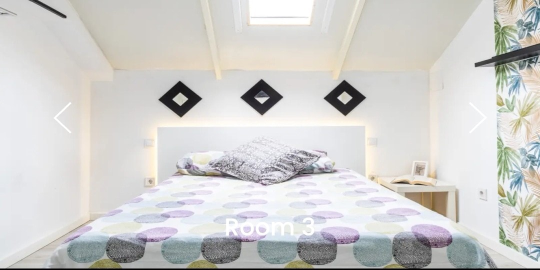 A bedroom featuring a spacious bed with a patterned comforter and decorative pillows. Simple wall art is displayed above the headboard, along with two diamond-shaped mirrors. Natural light enters through a skylight, illuminating the calming white walls and ceiling.