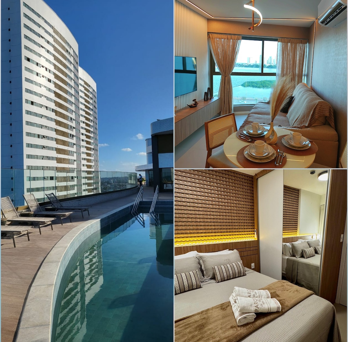 A rooftop pool invites relaxation, surrounded by lounge chairs and clear blue skies. A dining area with modern furnishings is visible, set with tableware. A cozy sleeping area features textured walls and soft lighting, complemented by neatly arranged bedding.
