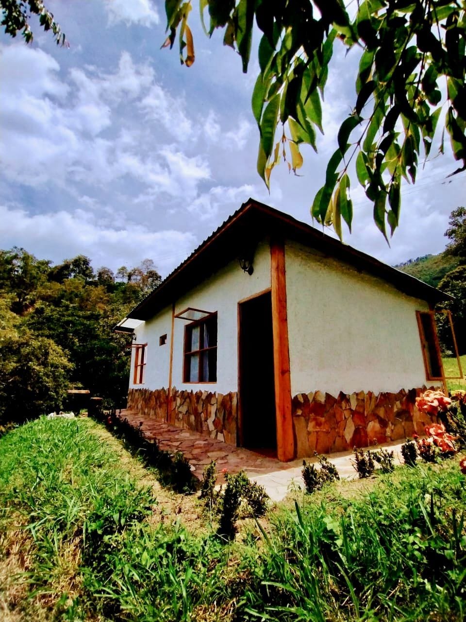 A quaint eco-lodge is situated in a serene mountainous landscape. The exterior features a combination of natural stone and plaster, with large windows allowing natural light into the interior. Surrounding greenery includes trees and vibrant flowers, enhancing the lodge's connection to nature.