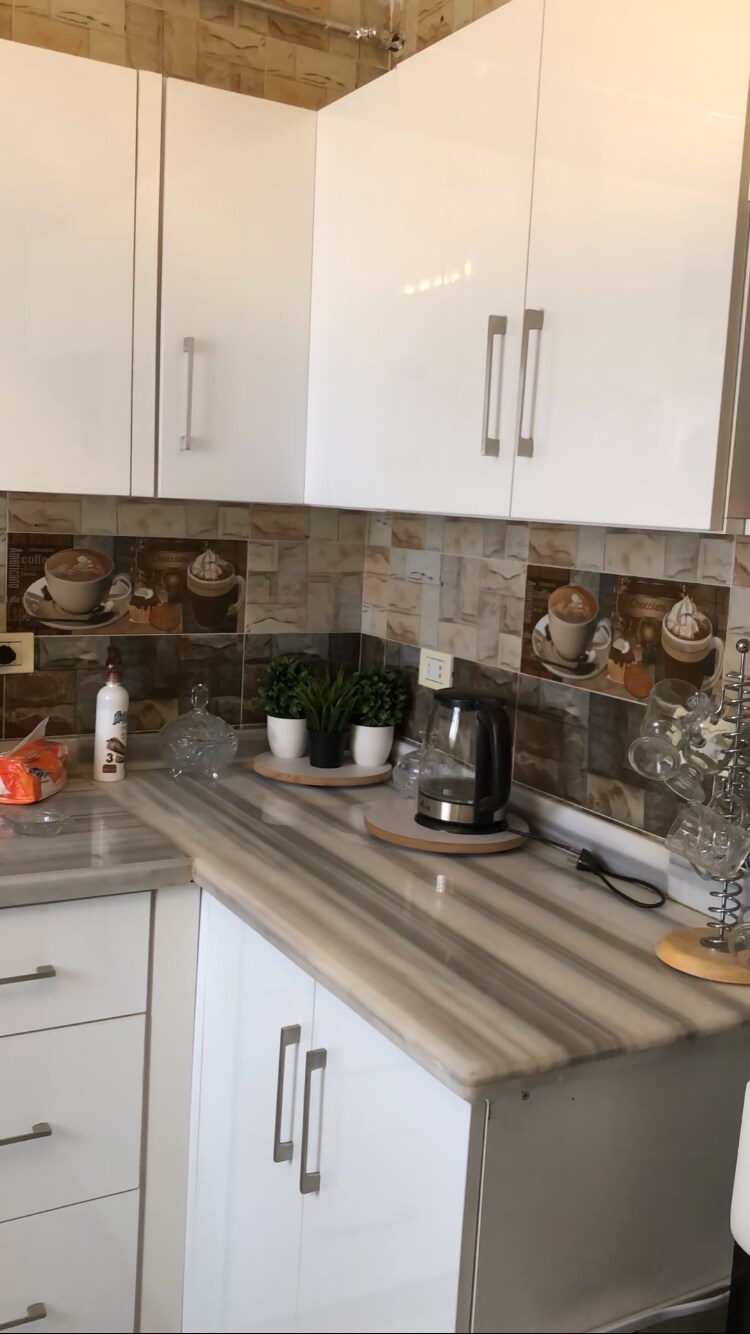 The kitchen features sleek white cabinetry with modern handles, complemented by a neutral-toned striped countertop. Small potted plants are positioned on the countertop alongside an electric kettle and a transparent glass container. Decorative wall tiles display a subtle design, enhancing the overall aesthetic.