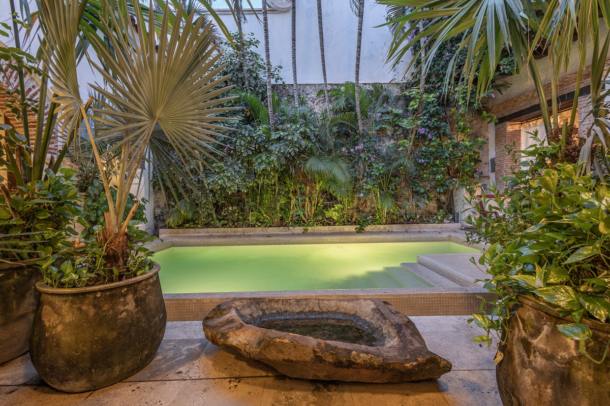 An inviting private pool is surrounded by lush greenery and tropical plants in large planters. Stone steps lead to the pool's calm, green waters, which are complemented by the textured backdrop of natural stone walls and vibrant foliage.