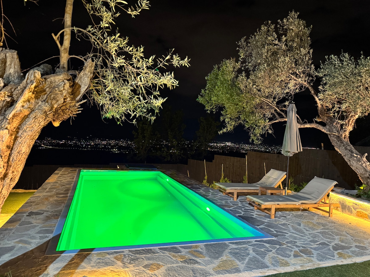 A serene outdoor space is illuminated by soft lighting, featuring a rectangular swimming pool with vibrant green water. Two lounge chairs are positioned nearby, and an umbrella stands beside the pool, all surrounded by natural elements like olive trees against a night sky.