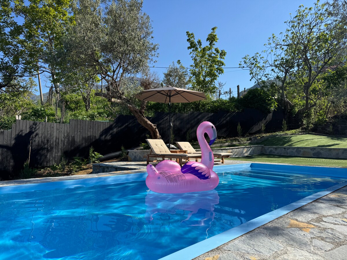 A crystal-clear swimming pool is adorned with a pink flamingo float. Comfortable lounge chairs and a large umbrella are positioned nearby, surrounded by lush greenery and trees. The clear blue sky enhances the relaxing atmosphere of the outdoor space.