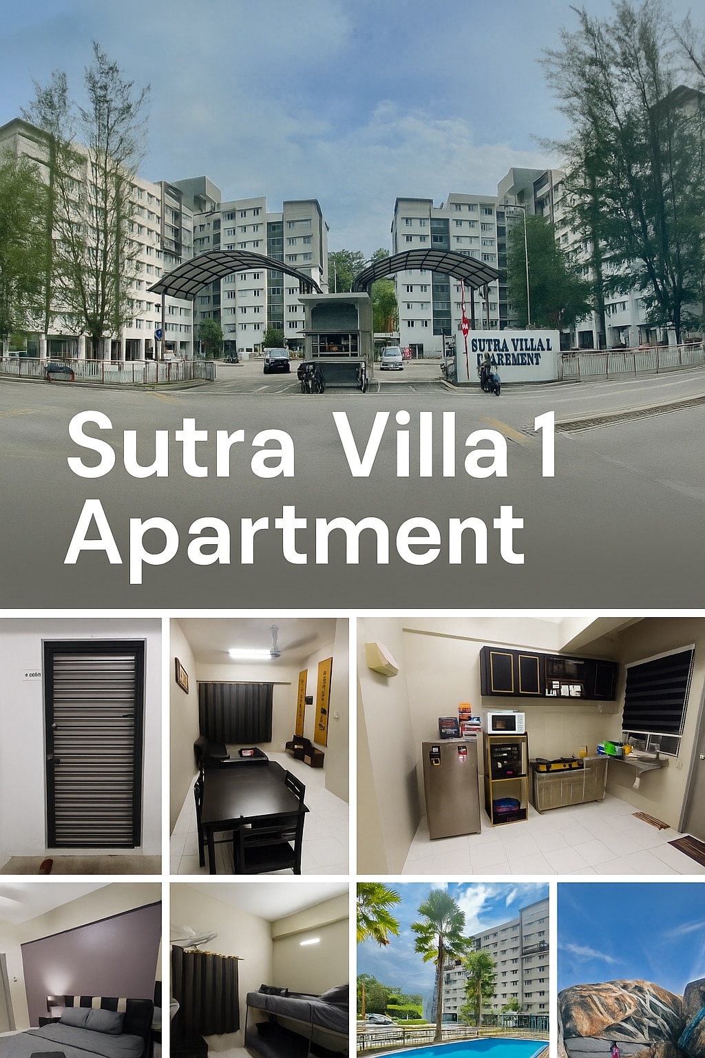 An exterior view of Sutra Villa 1 Apartment is presented, featuring a multi-story building structure surrounded by trees. The entrance is marked by a sign displaying the name of the apartment. The image captures a welcoming and modern atmosphere.