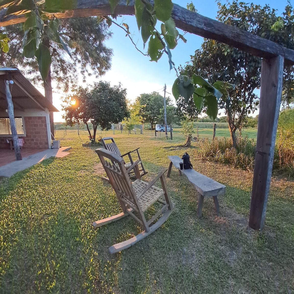 A set of rustic rocking chairs is positioned on a grassy area, with a wooden bench nearby. Fruit trees provide shade, while a scenic view of the open landscape is framed by the warm glow of the setting sun.
