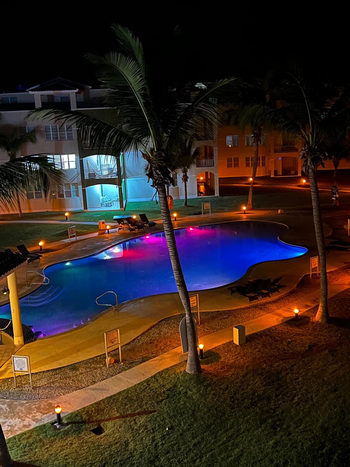 The illuminated pool area features vibrant blue and purple lighting, reflecting off the water's surface at night. Palm trees are positioned around the pool, and soft outdoor lighting creates a cozy environment. Lounge chairs are visible near the pool's edge, inviting relaxation.