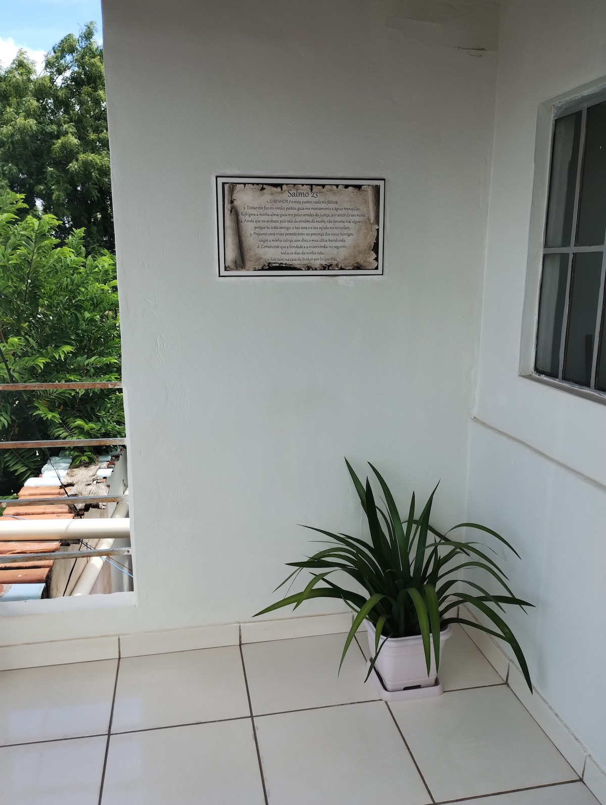 A corner of a balcony is depicted, featuring a potted plant in a white container. A wall displays a framed piece of art, while green foliage is visible outside the window, providing a sense of nature to the space.