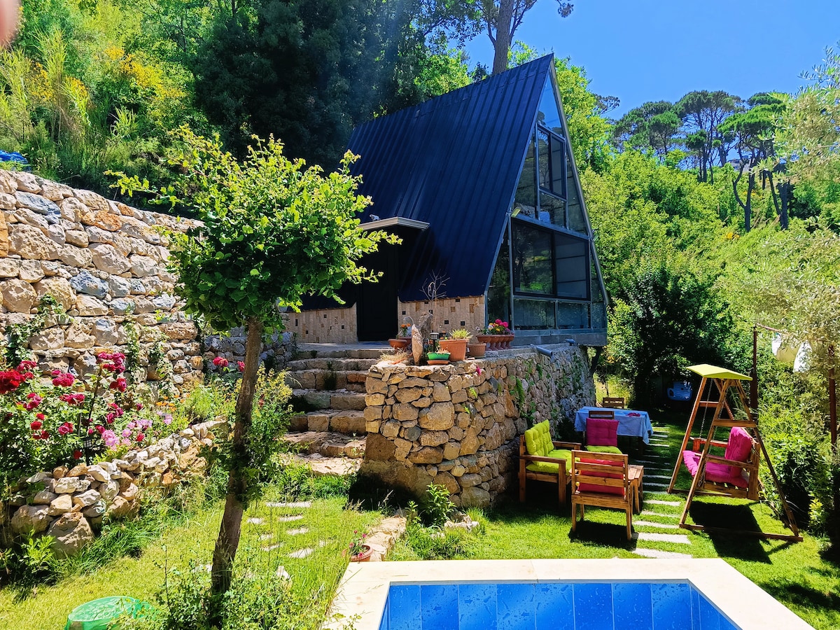 An A-frame bungalow is framed by lush greenery, showcasing a stone pathway leading to the entrance. Colorful seating options, including wooden benches and a swing, are arranged in a garden area. A small rectangular pool is visible in the foreground, surrounded by vibrant flora.