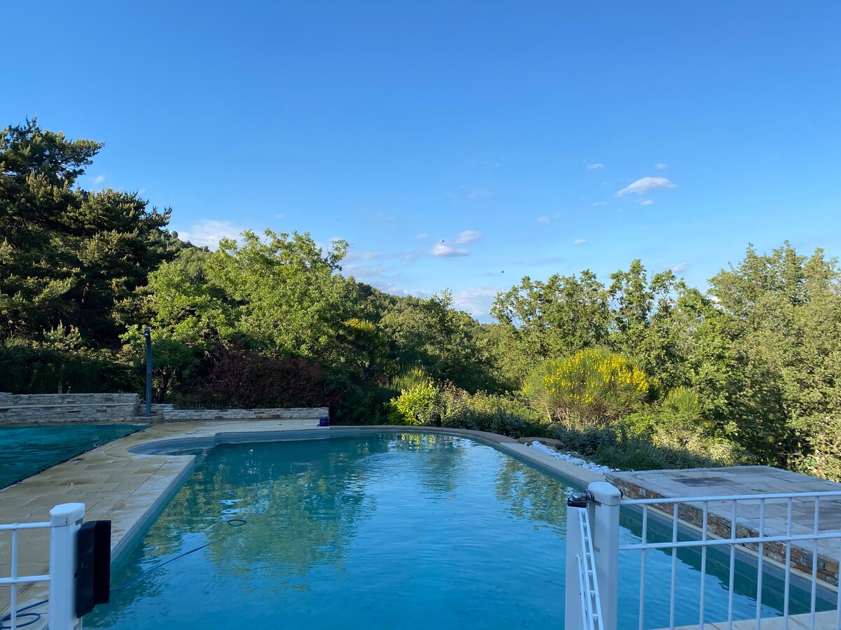 A calm outdoor scene features a saltwater pool surrounded by greenery and trees, with a clear blue sky overhead. A fence encloses the pool area, providing a sense of safety and privacy.