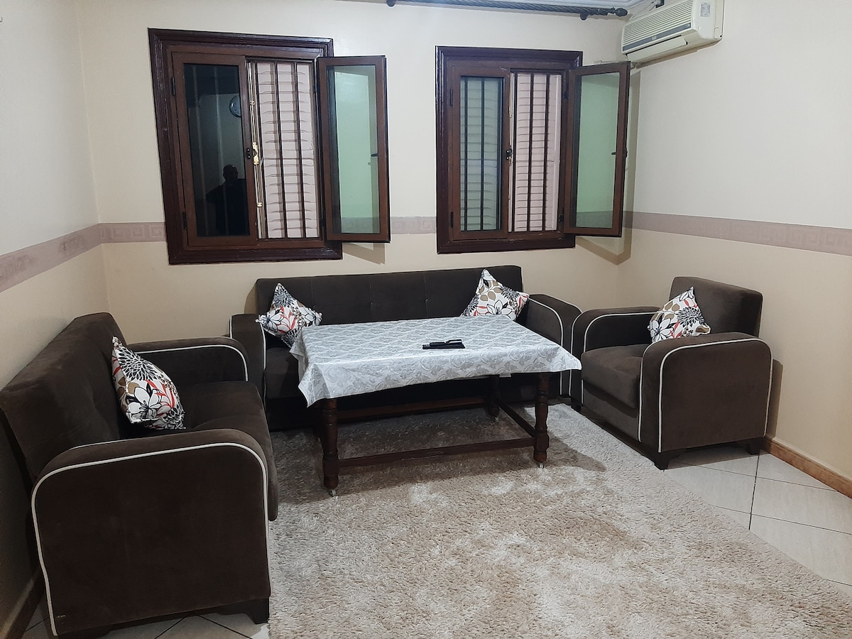 The living area features a light-colored rug under a wooden coffee table. Two brown sofas and matching armchairs are arranged around the table. Natural light enters through two windowed walls, enhancing the space's openness.