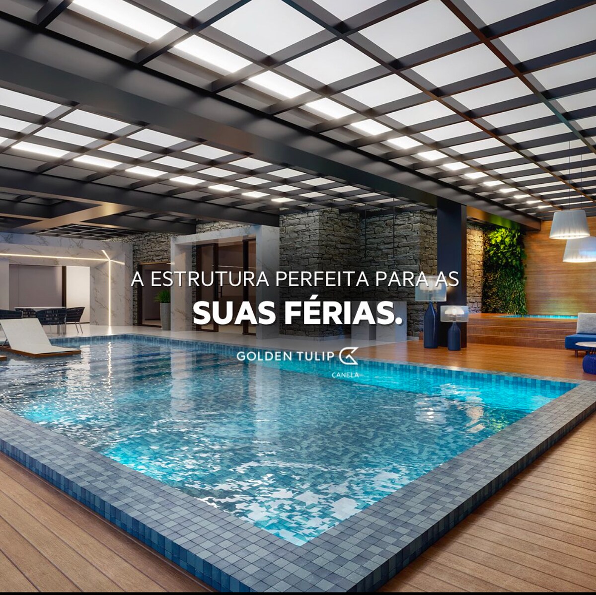 An indoor pool area is featured, surrounded by modern architecture and ample natural light. The pool's blue tiles create a calming contrast against the wooden decking. Spacious lounge chairs are positioned nearby, while a stylish seating area enhances the inviting ambiance.