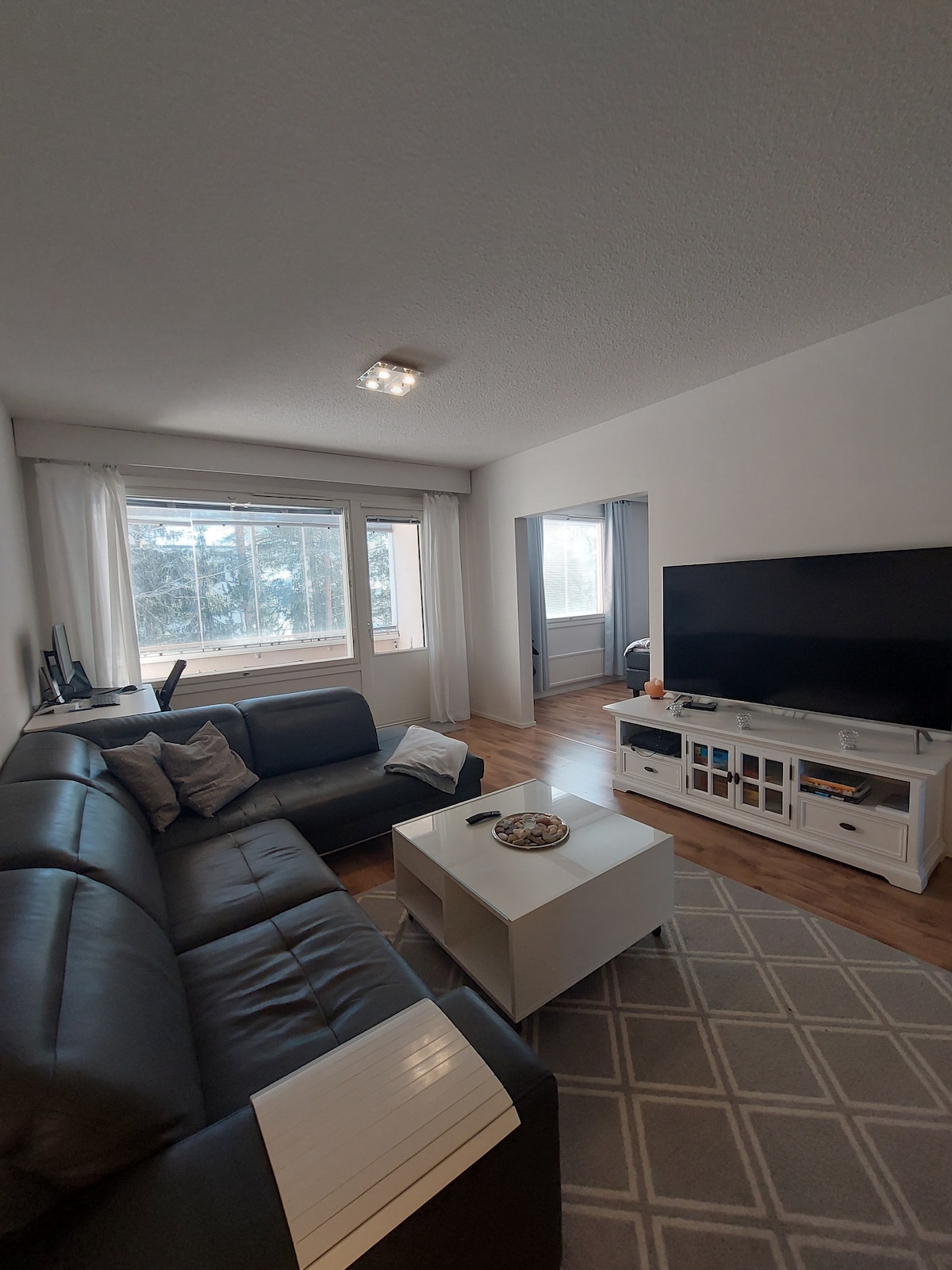 The living room features a spacious corner sofa in a dark color, complemented by a light area rug. A white coffee table is positioned in front, and a large flat-screen TV sits on a white media console. Natural light streams in through the large windows.