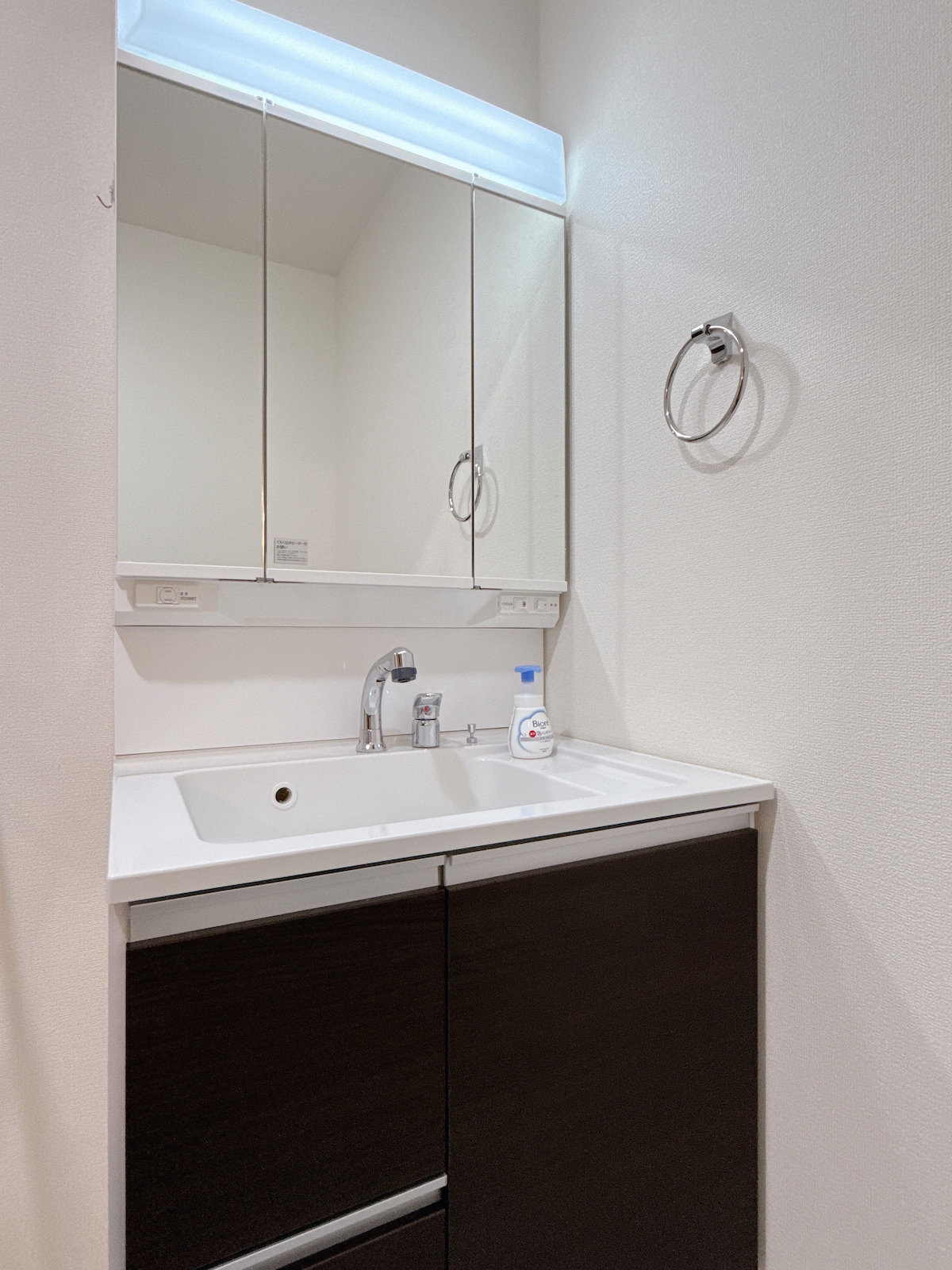 洗面台には基本的な洗面用品が用意されており、乾湿分離されています。