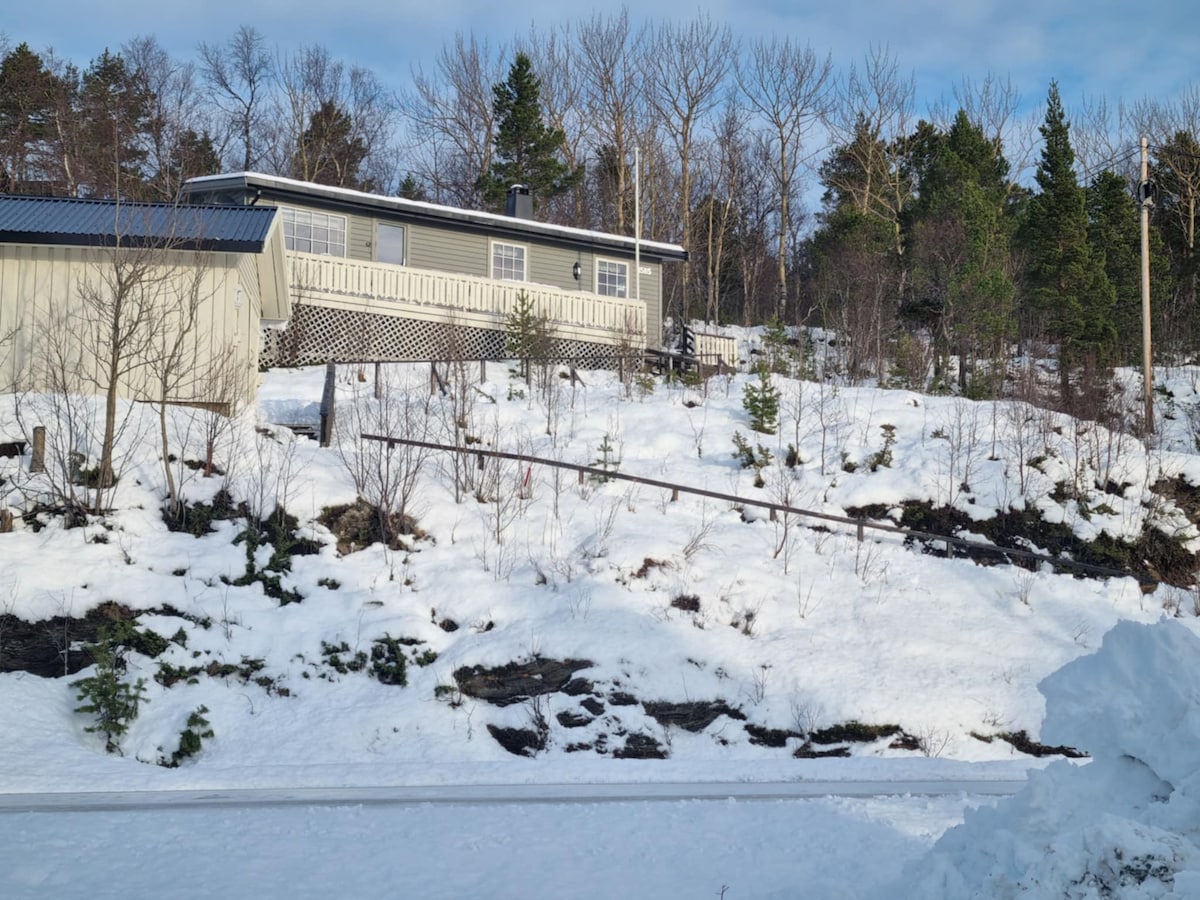 A cabin is positioned in a snowy landscape, surrounded by trees. The structure showcases a light-colored exterior with a wraparound deck. Snow blankets the ground, creating a serene winter scene, while distant trees add to the natural setting.