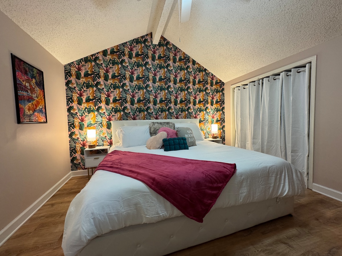 Super spacious, super comfy, super huge king bed upstairs with a pillow top mattress topper! Same mattress set we’ve used in all of our properties, and it's been a guest favorite for years!