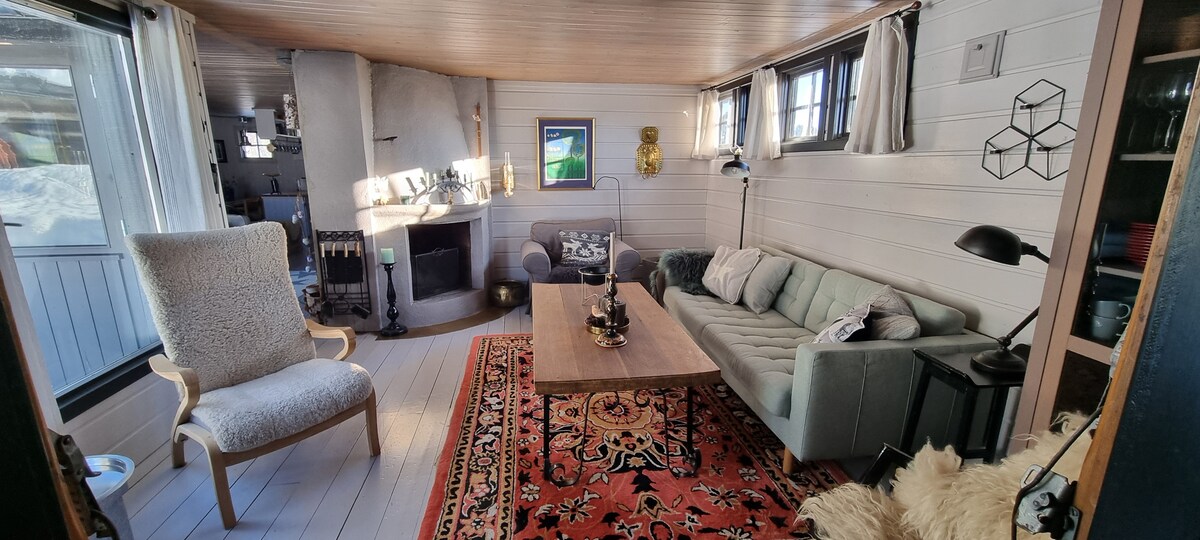 A cozy living area features a comfortable sofa and a classic armchair beside a coffee table. Natural light fills the space through large windows, highlighting the wooden ceiling and warm tones. A fireplace stands against the wall, complemented by decorative elements creating a homely environment.