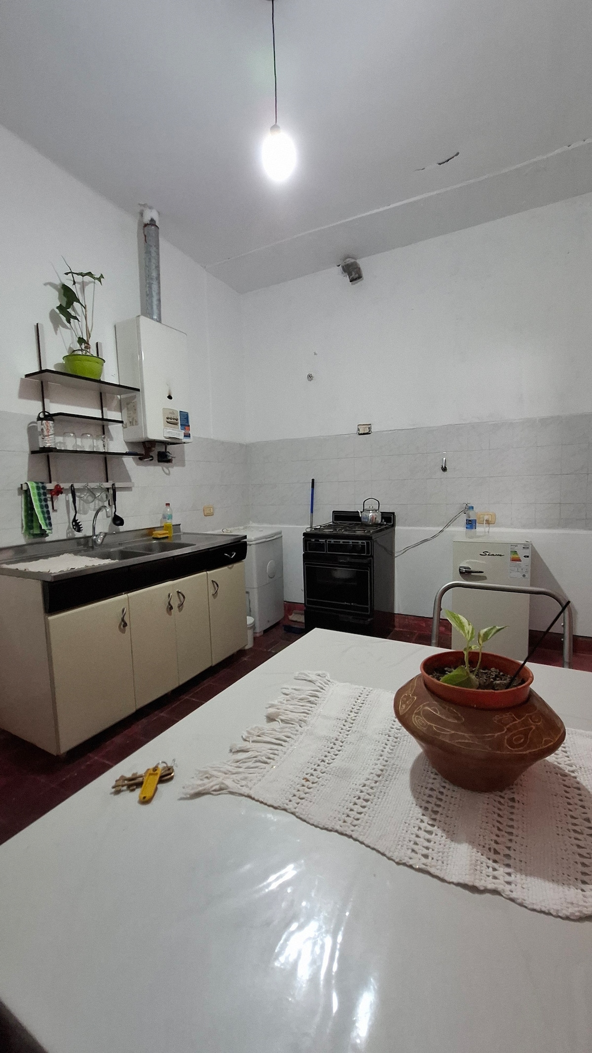 The kitchen presents a functional layout with a stove and a sink situated against a white-tiled wall. A small table is topped with a decorative plant in a terracotta pot. Storage cabinets and a refrigerator are also visible, contributing to the overall practicality of the space.