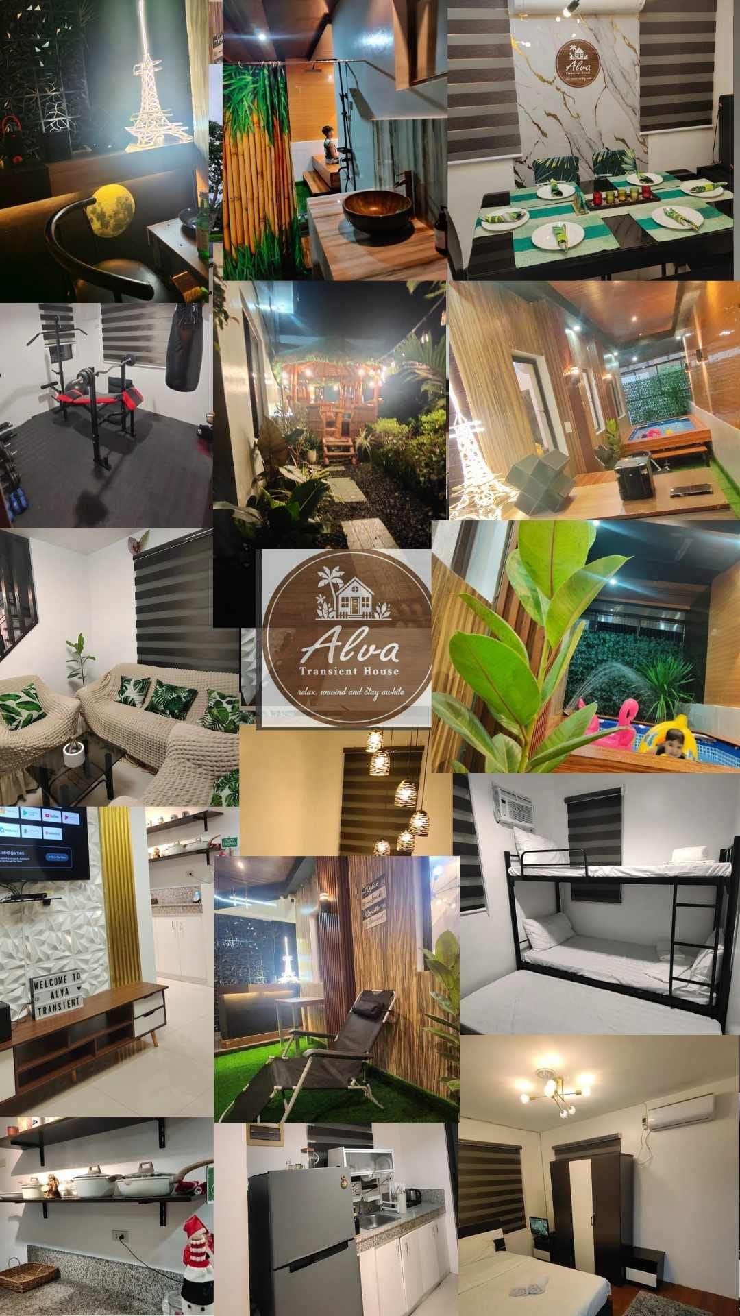 A collage showcasing various areas of the guest house. Features include a modern indoor gym with equipment, a cozy lounge area with plants, the bar and garden space with seating, and a view of the dipping pool. Decor elements offer a blend of comfort and relaxation.