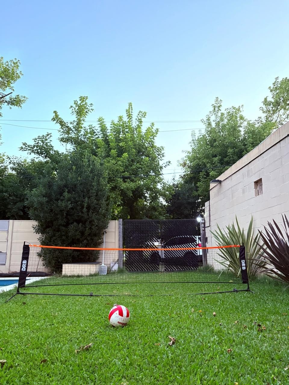 A well-maintained lawn is seen, featuring a net set up for volleyball, positioned against a blue sky. A single red and white ball rests on the grass nearby. Lush trees and shrubs provide a natural backdrop, enhancing the space's leisure appeal.