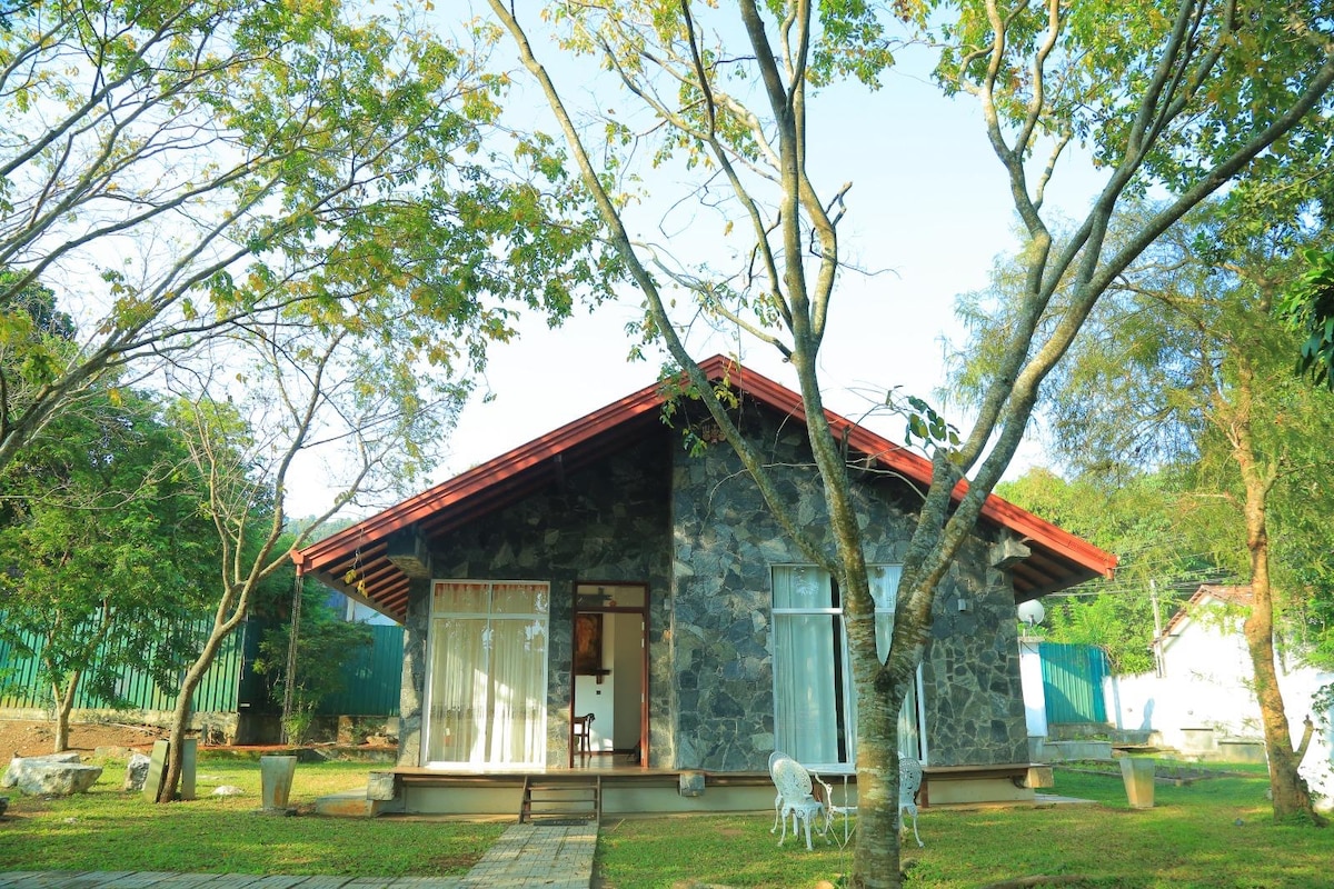 A charming stone cottage with a sloped roof is surrounded by verdant trees. Large glass windows dominate the front facade, while a welcoming pathway leads to the entrance. The natural setting provides a tranquil atmosphere, ideal for relaxation.