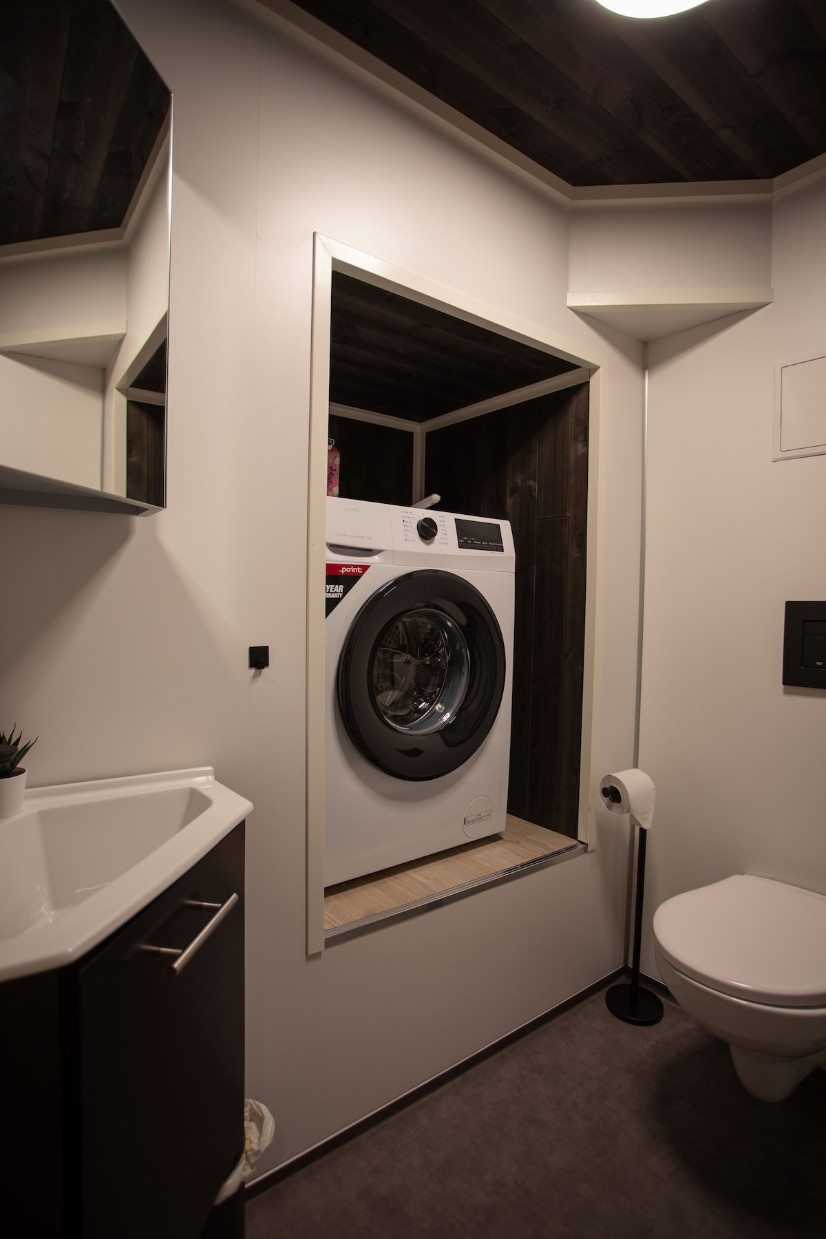 A modern bathroom features a compact washing machine neatly integrated into a built-in alcove. A sleek sink and mirror are positioned nearby, complemented by a dark wood ceiling and light-colored walls. A toilet is also visible, completing the functional layout.