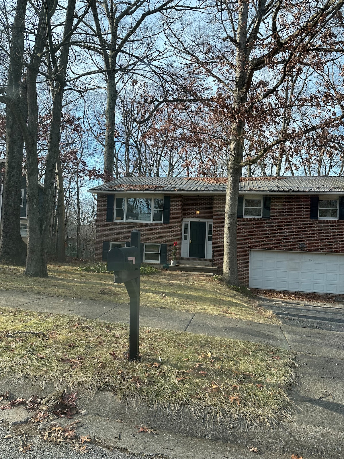 A two-story brick home is set amidst tall, bare trees, with a spacious driveway and a single-car garage. The entrance is framed by a welcoming porch, featuring simple outdoor decor. The well-maintained lawn shows signs of autumn, with fallen leaves scattered across the grass.