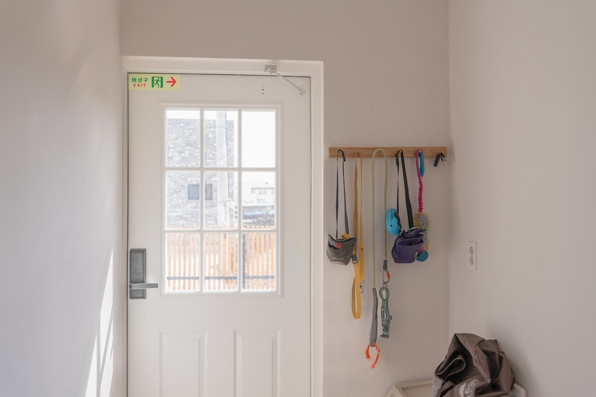 The entryway features a white door with a glass panel, allowing natural light to brighten the space. A simple hook strip holds various leashes and accessories, providing convenience for guests with pets. The walls are painted in a soft neutral color, enhancing the sense of openness.