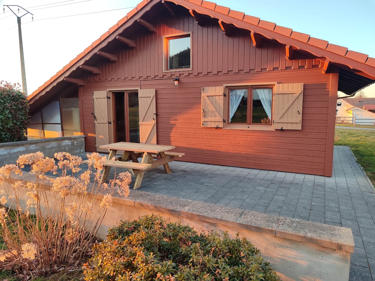 The chalet exterior is showcased with warm wooden siding and a red roof. A picnic table is positioned on a paved terrace, surrounded by low shrubs and flowering plants. Shuttered windows offer an inviting appearance, with natural light illuminating the entrance.