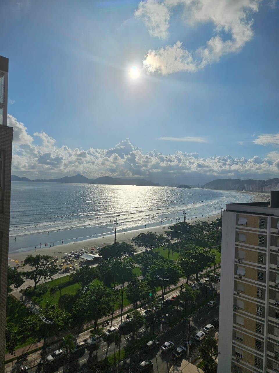 A scenic view of the beach features glistening waters reflecting sunlight. Lush green trees line the sandy shore, and distant hills are visible under a bright sky. The scene captures a serene coastal atmosphere, with people enjoying the outdoors along the waterfront.