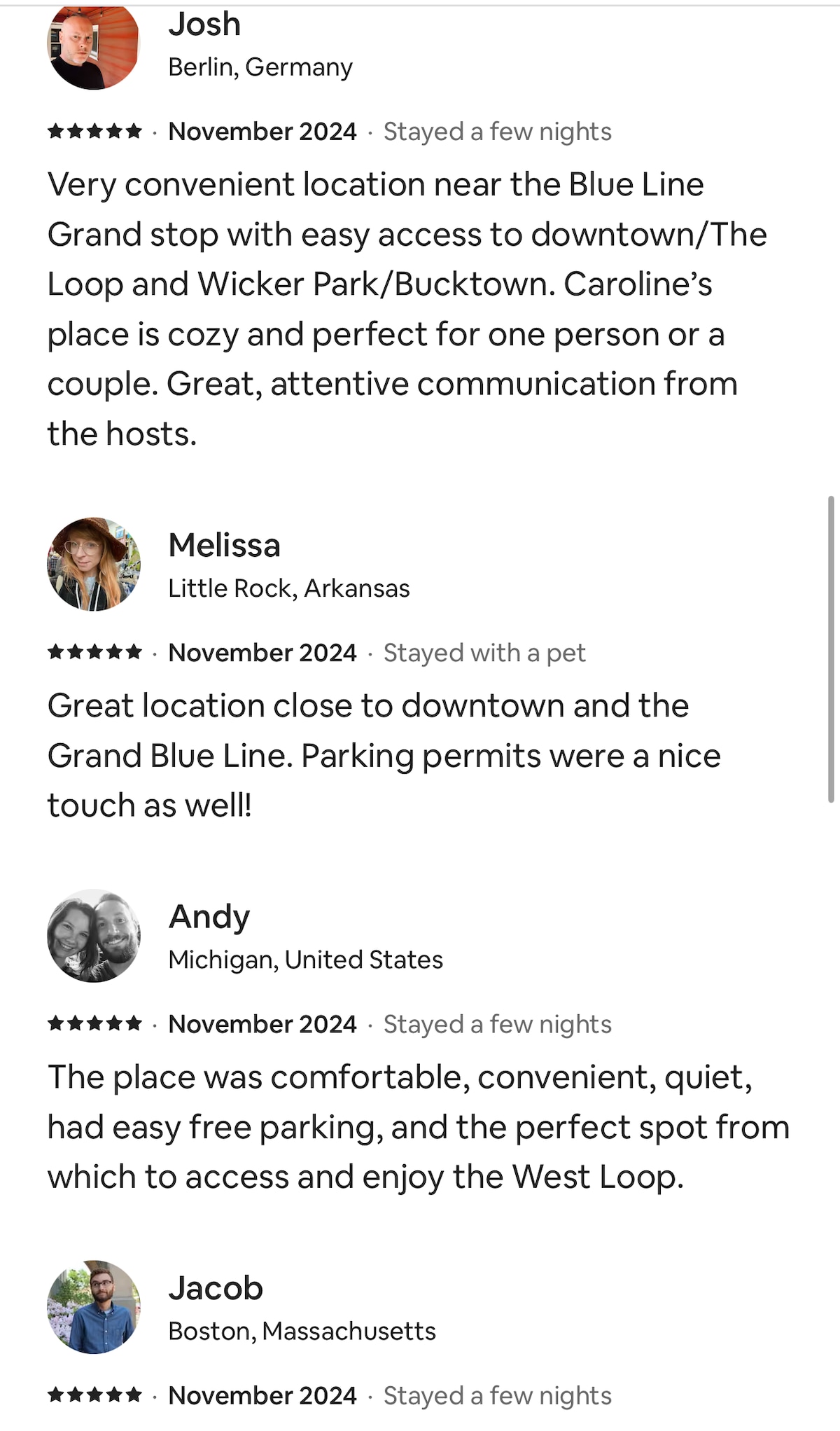 A collection of diverse guest reviews is displayed, reflecting various experiences and locations. Review snippets highlight convenience to public transport, appreciation for quiet surroundings, and easy access to local attractions, contributing to the overall positive guest experience.