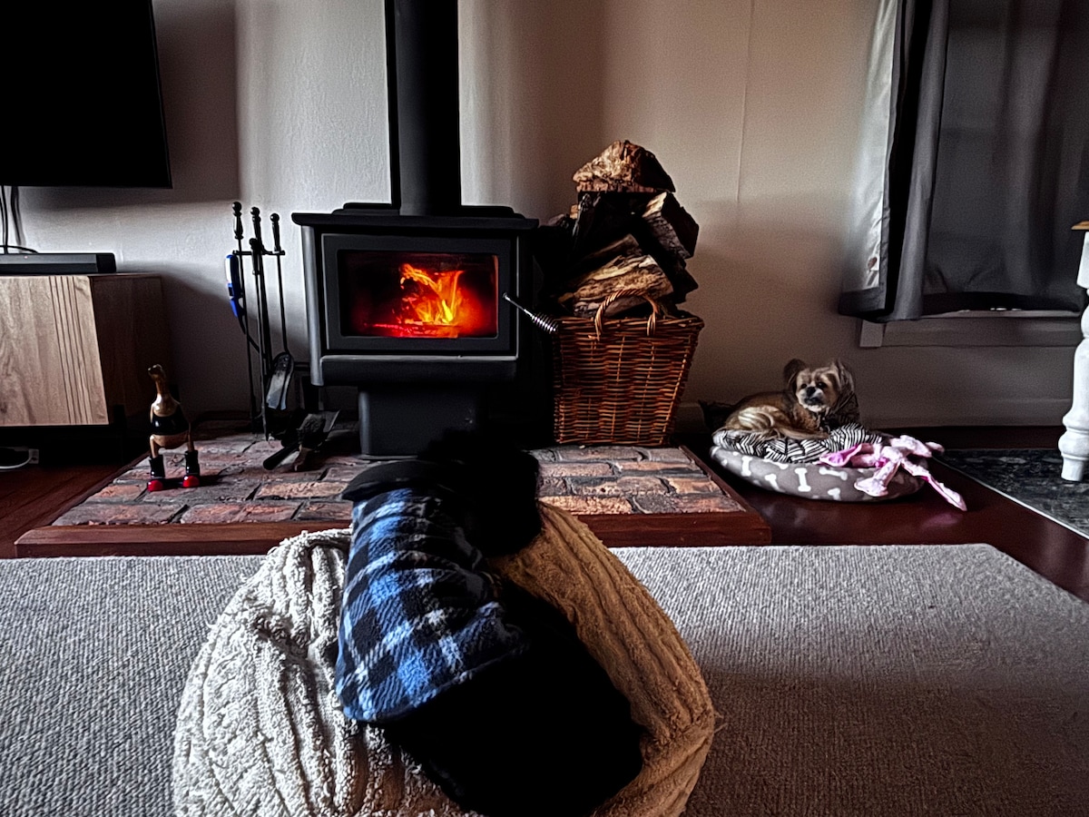 A cozy lounge area is highlighted by a log burner, radiating warmth. Nearby, a basket filled with firewood is positioned next to a relaxed dog on its bed. Comfortable seating, including a round pouf with textured fabric, is arranged for casual gatherings.