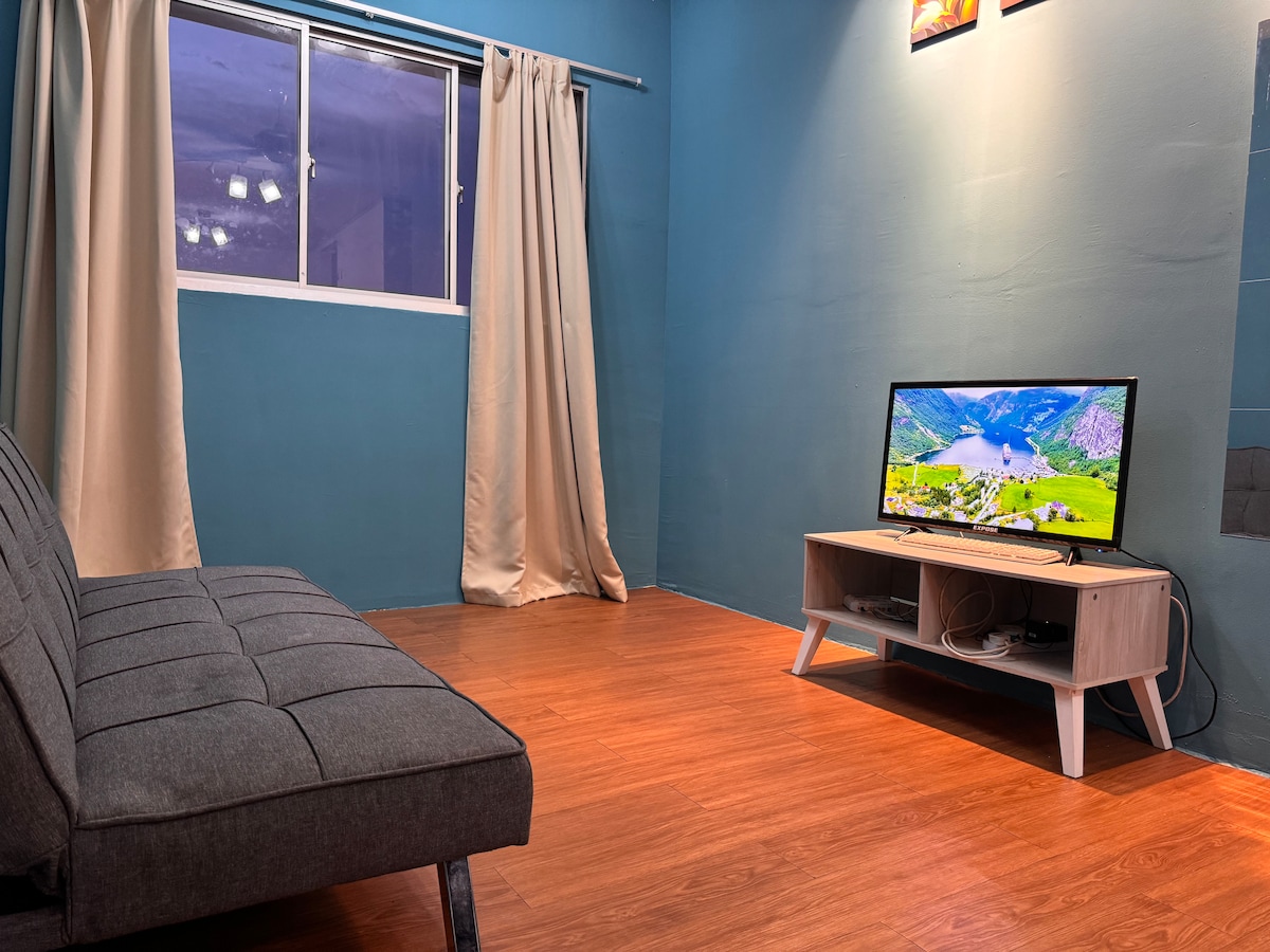 A cozy living area features a gray sofa and a modern entertainment unit with a television. Light wooden flooring complements the blue walls, while soft curtains frame the window, allowing natural light to enhance the space. Decor pieces are displayed above the television.