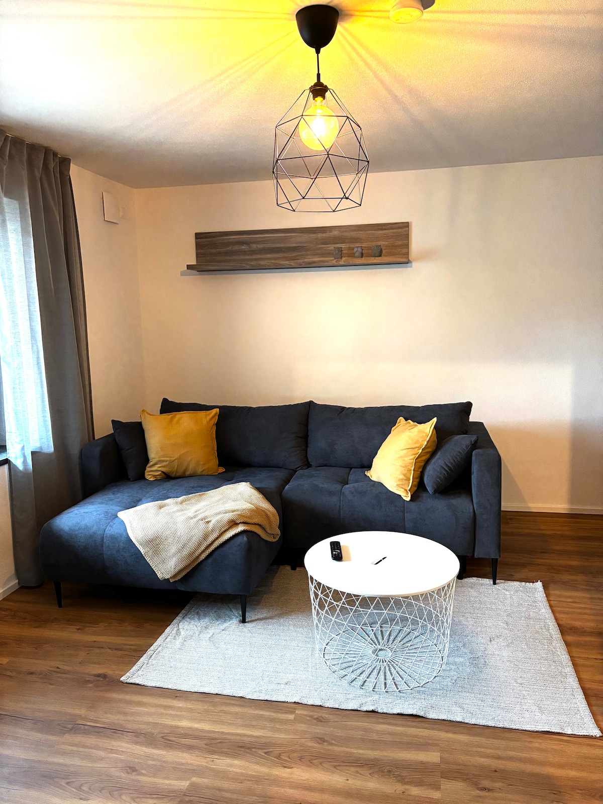 غرفة معيشة مع أريكة مريحة، ومساحة لسلة الكلاب (يجب إحضارها بنفسك) وفيرة 