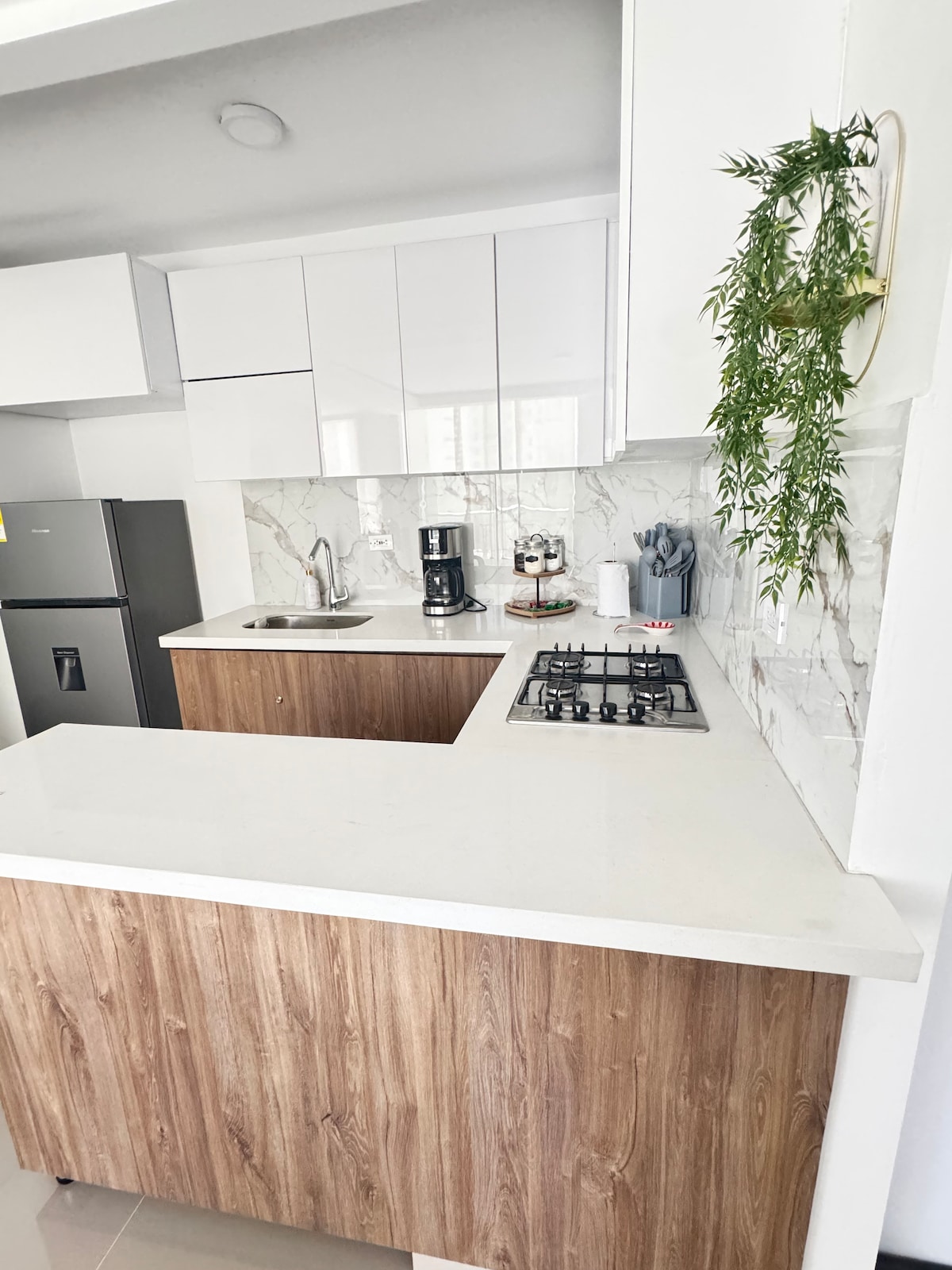The modern kitchen features sleek white cabinetry and a decorative plant hanging on the wall. A gas stove is integrated into the countertop, complemented by a coffee maker and kitchen utensils nearby. A refrigerator is visible, providing ample storage for a comfortable stay.