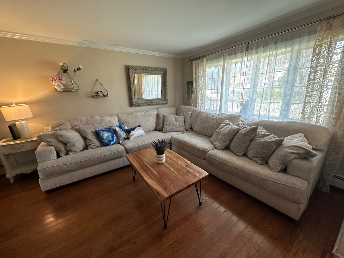 Მისაღებ ოთახში არის 65 დიუმიანი სმარტ-ტელევიზორი ფართო პლუშის დივანი და ორადგილიანი საწოლი ფუტონი.