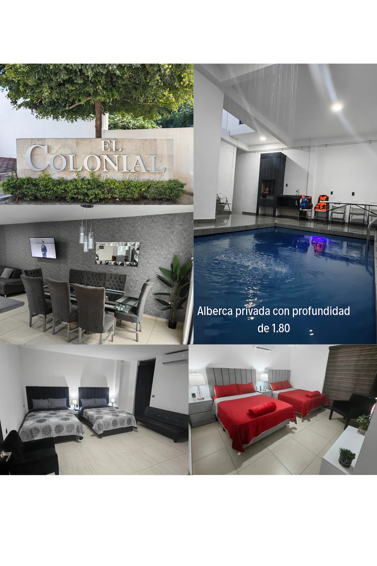 A sign displaying 'El Colonial' is surrounded by greenery. A private pool is shown, with a depth of 1.80 meters, illuminated by overhead lights. A dining area features a modern table with chairs. Two bedrooms are depicted, one with gray bedding, and the other with red accents.