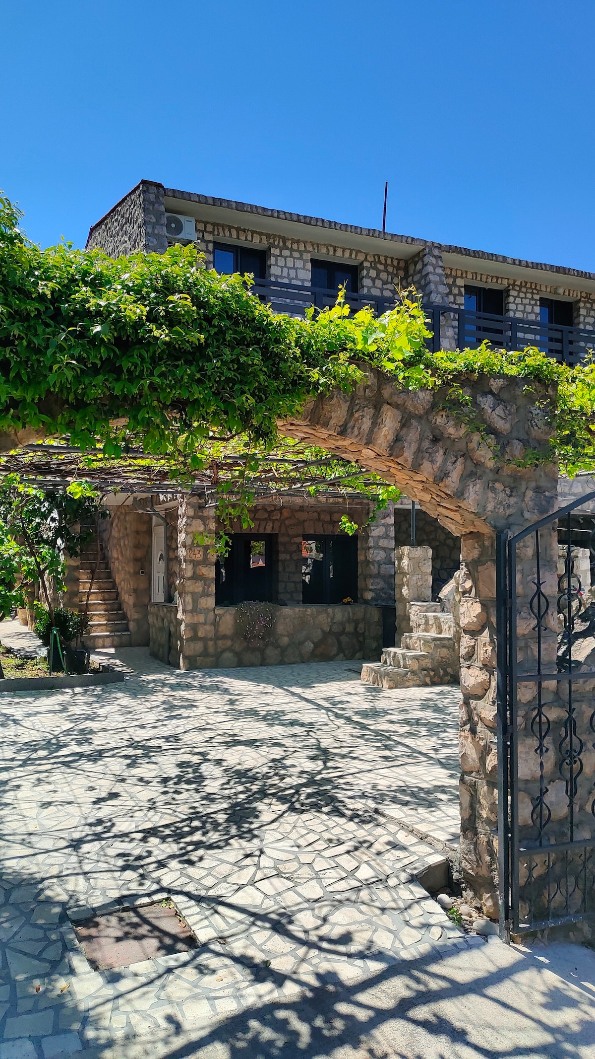 A charming stone building is framed by a vine-covered archway. Sunlight casts intricate shadows on the stone pathway, leading to the entrance. The structure features multiple windows framed with stone accents, set against a clear blue sky.