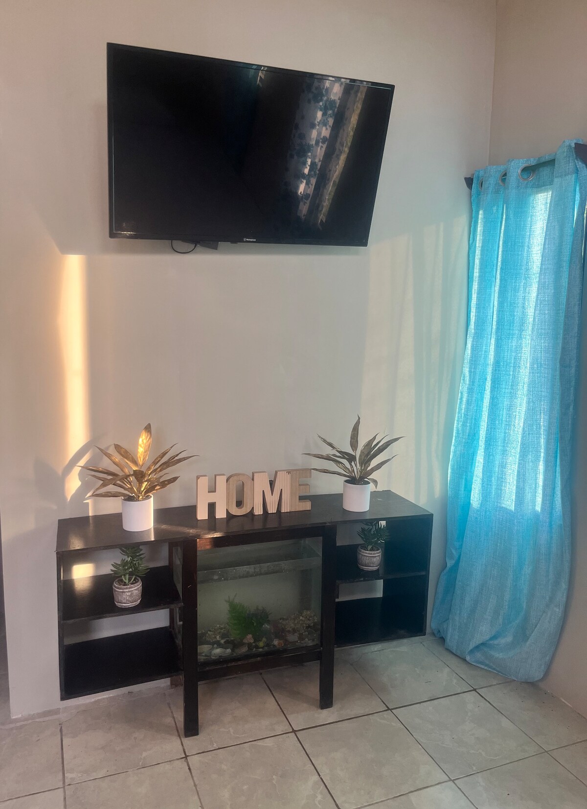 A living area showcases a wall-mounted television above a dark wooden console. The console features a small aquarium and potted plants on either side. Light filters through sheer blue curtains, creating a soft ambiance.