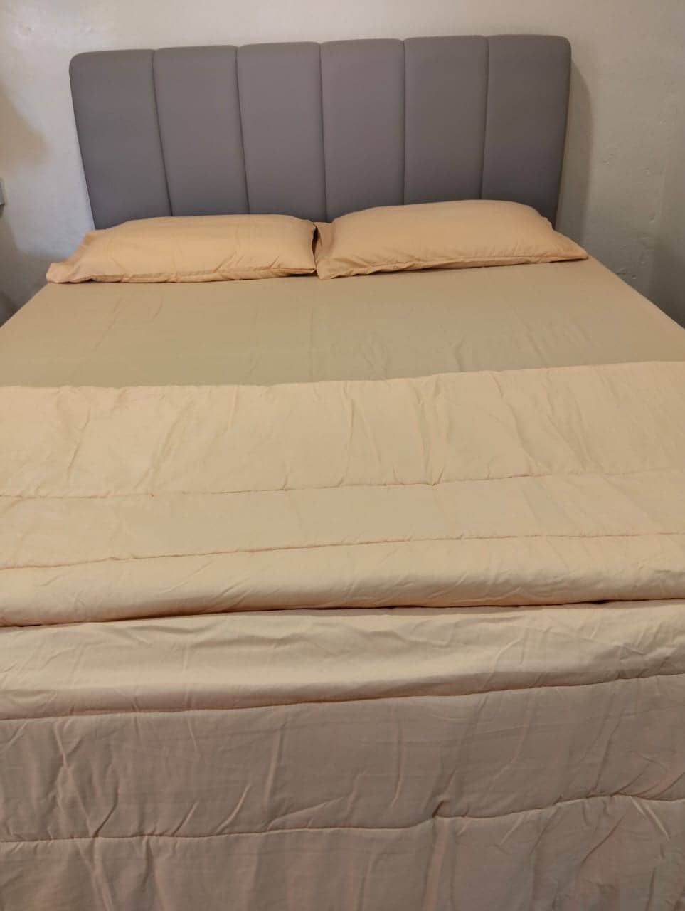 A spacious bed is dressed in soft beige linens, featuring two plump pillows arranged neatly at the headboard. A light quilt is slightly draped over the edge, providing a subtle layer of comfort. The minimalist headboard offers a modern touch to the sleeping area.