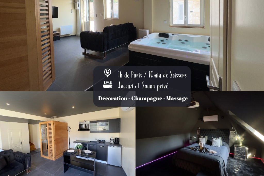 A collage showcases various spaces within the property. A modern kitchen is visible alongside a lounging area, featuring a comfortable black sofa. The spacious bedroom is highlighted, complete with subtle lighting and a cozy queen-size bed. A jacuzzi and sauna area are shown, enhancing relaxation options.